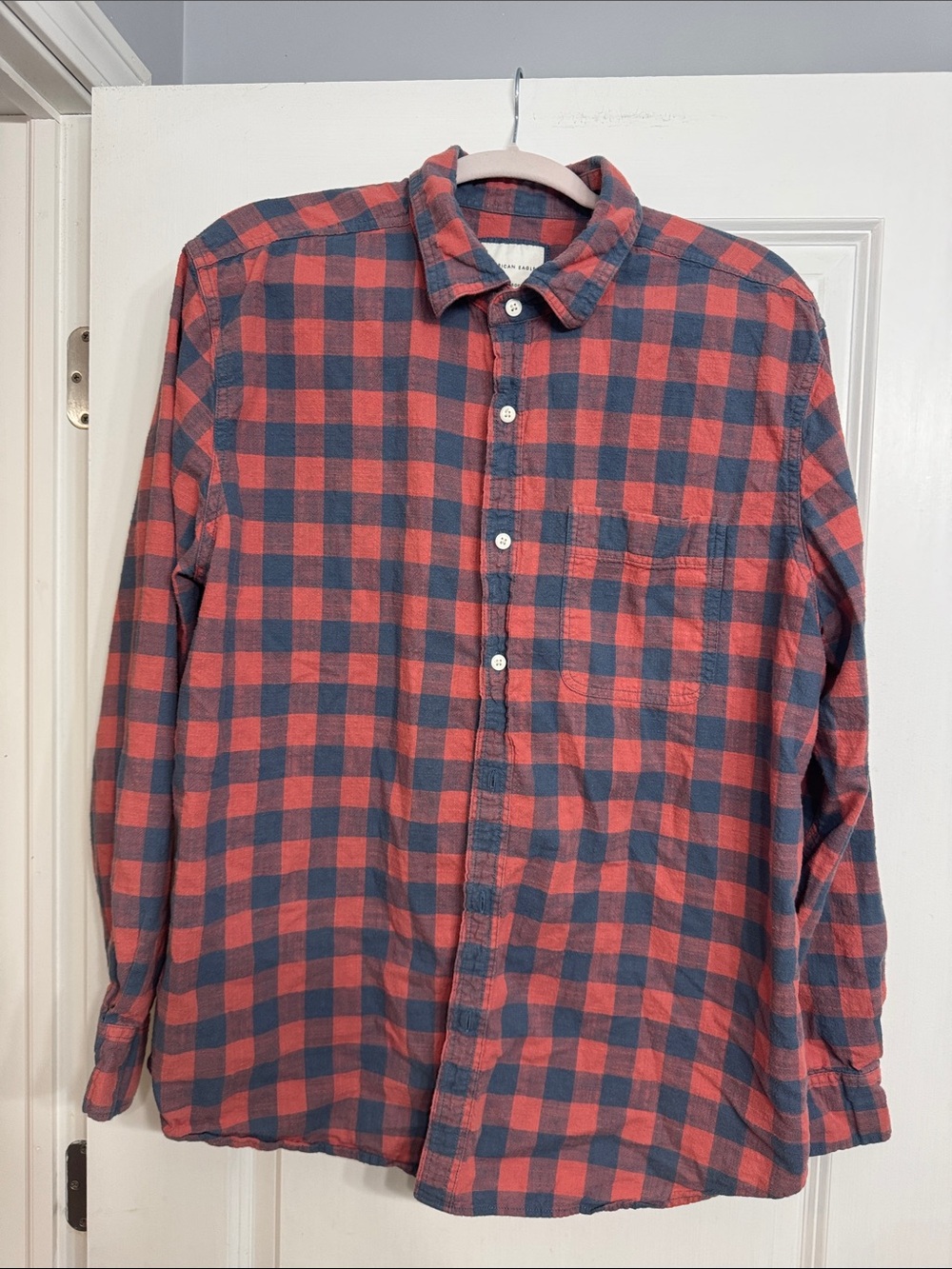American Eagle Outfitters Red and Navy Plaid Button-Up Shirt